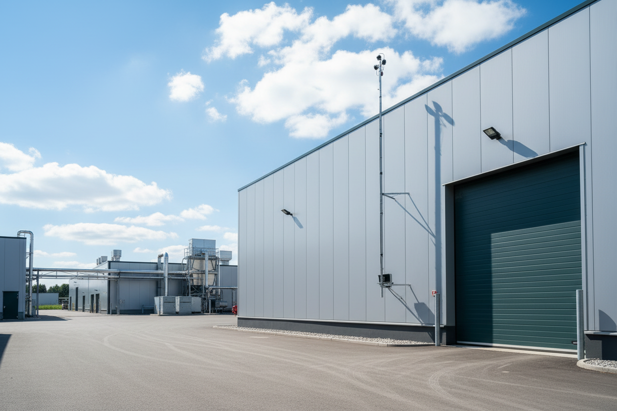 BirdAlert Vogelabwehranlage an einer modernen Industriehalle