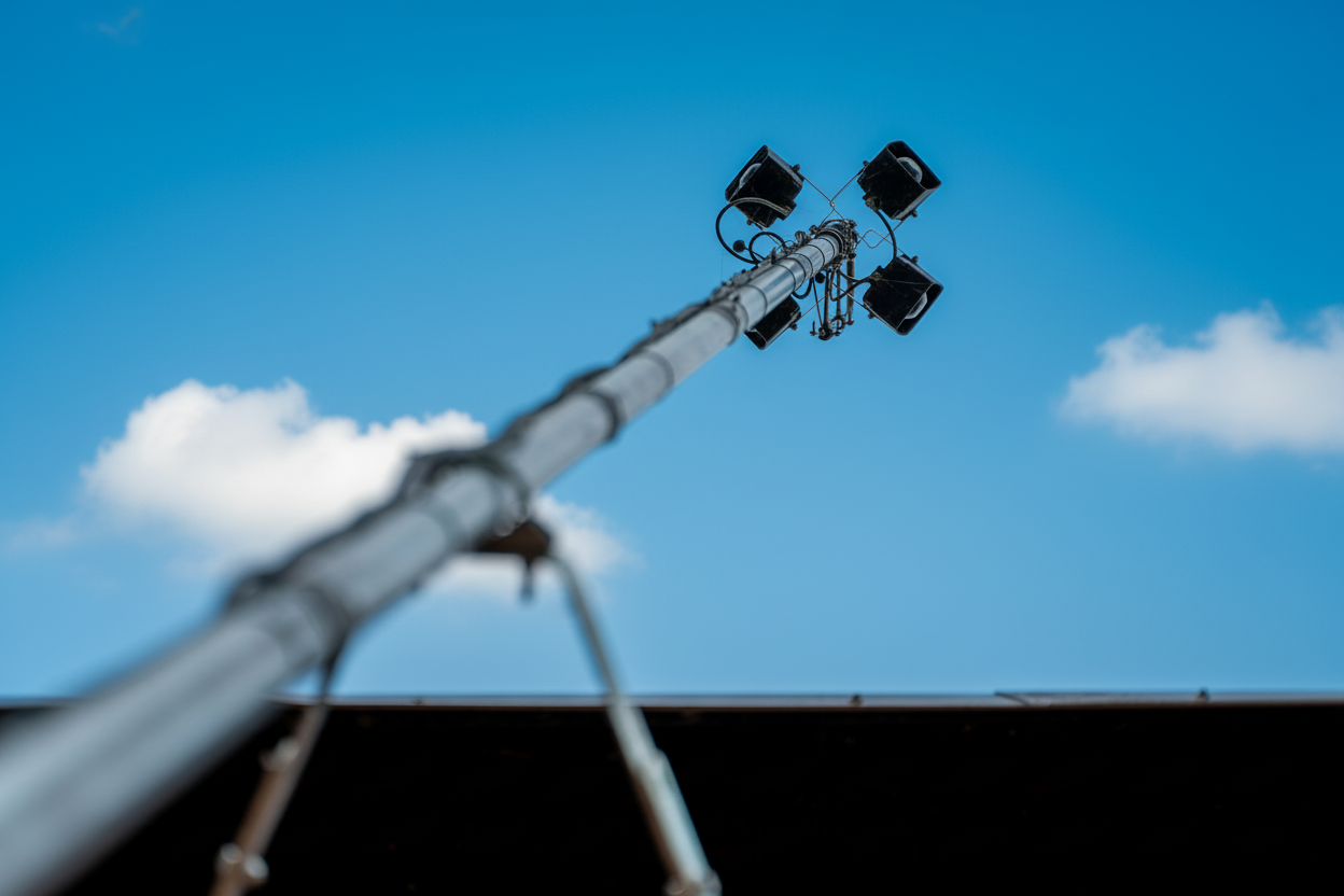 Mehrere BirdAlert-Lautsprecher auf einem Mast über dem Dach eines Industriegebäudes