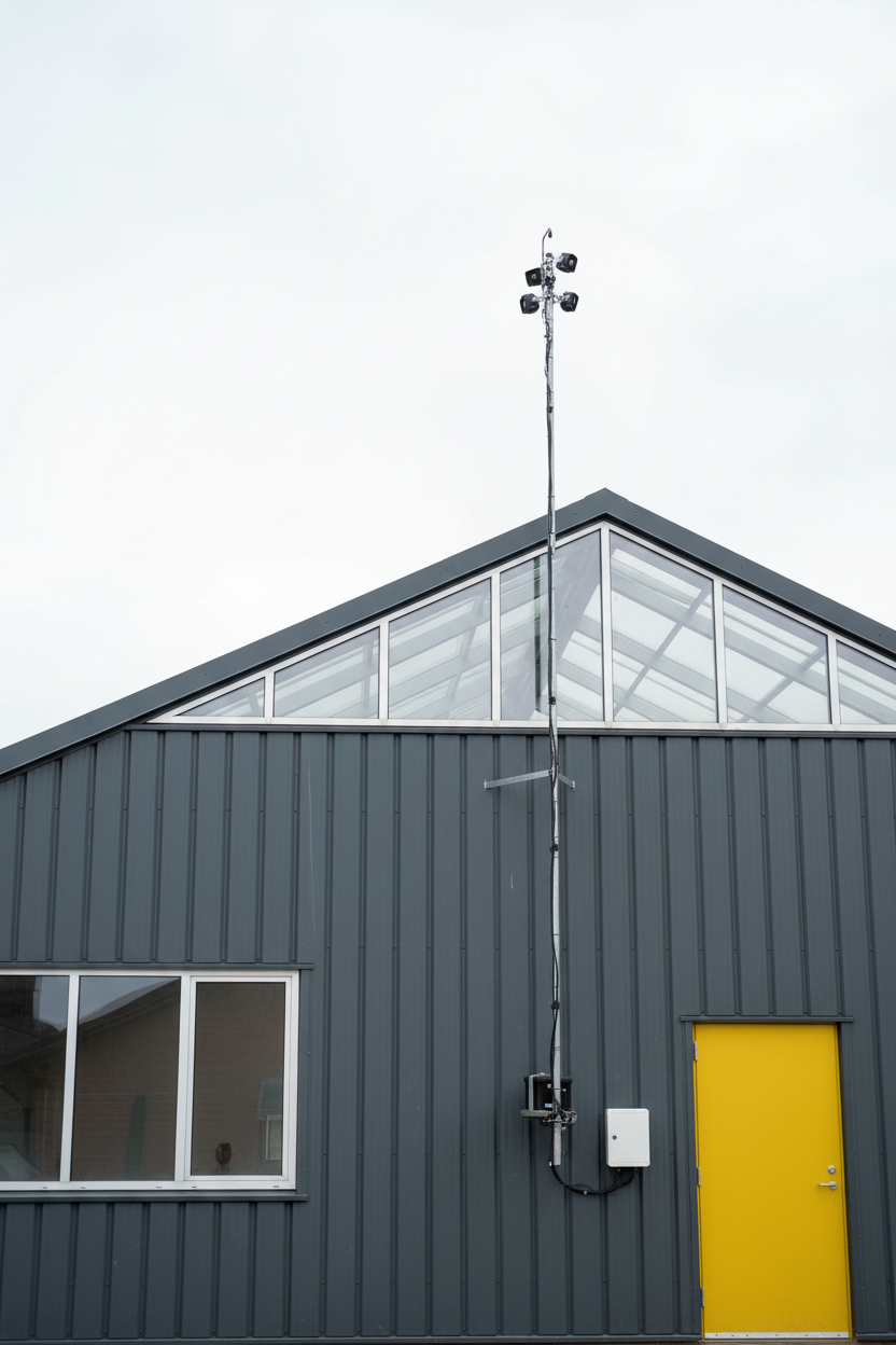 BirdAlert Vogelabwehrsystem auf einem Mast am Dach eines Industriegebäudes