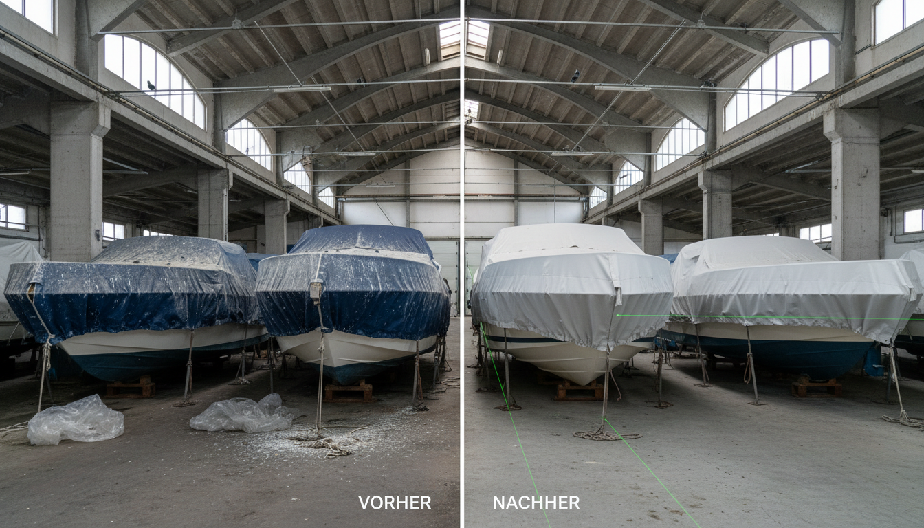 bootshalle vorher nachher mit Indoor Laser